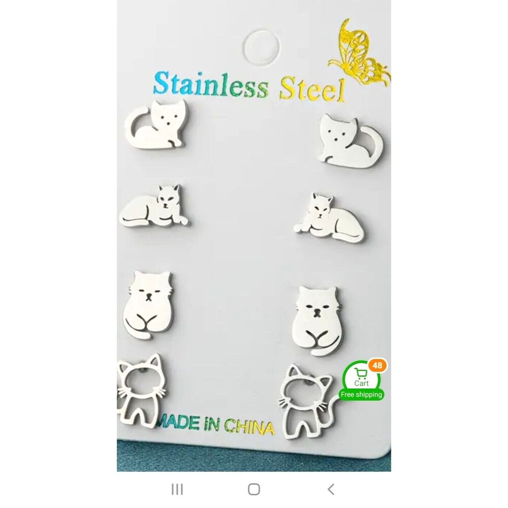 4 Pair Tiny Stainless Steel Kitty Cat Kitten earrings
